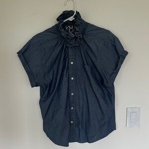 KMJ Quarantini Chambray Denim Ruffle Collar Button Down Shirt XL